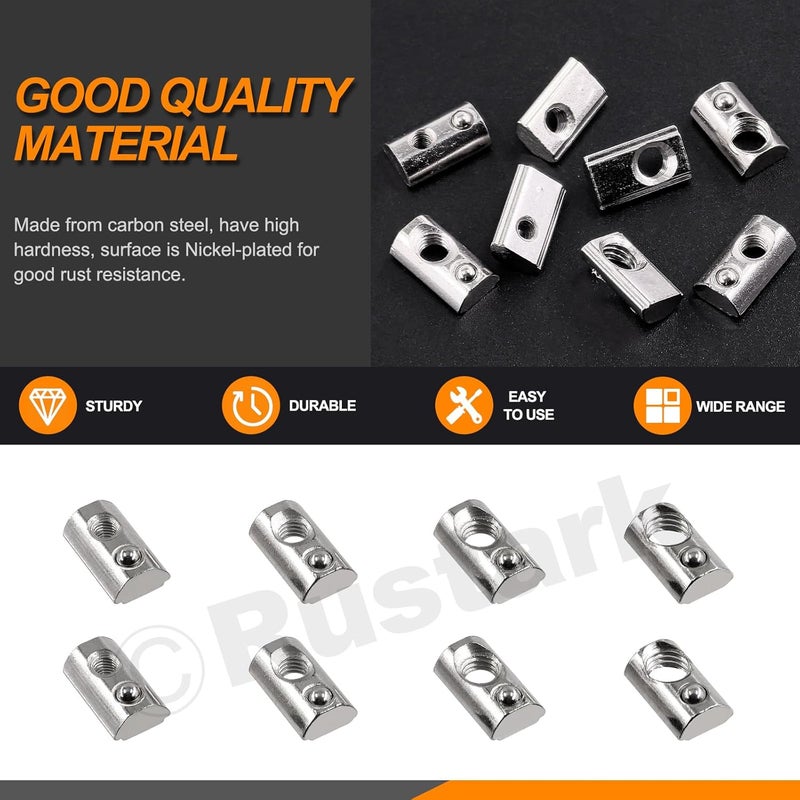 Rustark 48pcs 4 Sizes Carbon Steel Roll in T-Nuts Metric T-Nut with Ball Spring Roll Ball Elastic Nuts T Slot Nuts T Spring Nuts for 2020 Series Aluminum Extrusion Profile Rail 3D Printer CNC Router - Image 3